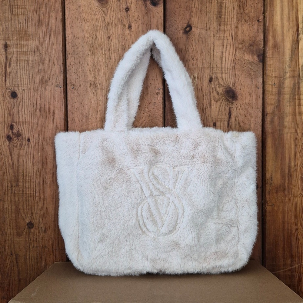 Victoria's Secret Cream Faux Fur Tote Bag VS Monogram Zippered Handbag